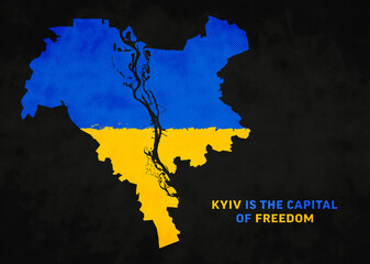 Kyiv Is The Capital Of Freedom Vector Modern Grunge Poster. Kiev Contour Map Art Illustration Distressed Halftone Texture In Yellow Blue Ukrainian National Flag Colours Isolated On Black Background