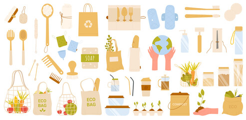 Zero waste set vector illustration. Cartoon paper food bags, reusable wooden and glass storage containers and bottles to reduce consumption, organic products isolated on white. eco friendly concept