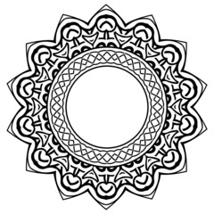 Abstract vector black and white illustration round beautiful tracery frame. Decorative vintage ethnic mandala pattern. Design element for tattoo or logo.