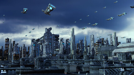 3d rendering. Futuristic city and spaceships © Miguel Aguirre