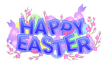 Easter postcard with Easter eggs, rabbit, bunny and branch with pink flowers. Decorative frame with color elements. Unique design for your greeting cards, banners, flyers. Vector in modern style.