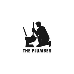 Plumber fixing a toilet simple black vector illustration.