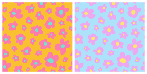 Retro ditsy daisy seamless repeat pattern. Set of random placed, vector flower power all over surface print.