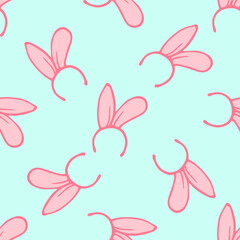 a headband with pink rabbit ears. seamless hair decoration badge pattern with bunny ears, pink hand-drawn in the style of a doodle on a blue label design template