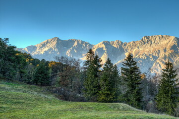 Illuminated by the evening sun, the Mieminger mountains rise above the treetops of the forest. The Mieminger mountains is a mountain group in the Eastern Alps and is located in the beautiful Tyrol.