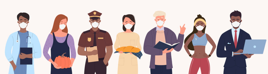 People of different professions wearing face masks vector illustration. Cartoon professional male and female characters with protective facial masks standing together in row isolated on white