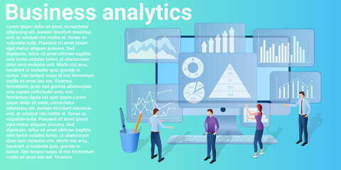 Business analytics.People study business strategy on the background of a laptop with graphs and diagrams.Poster in business style.Flat vector illustration.