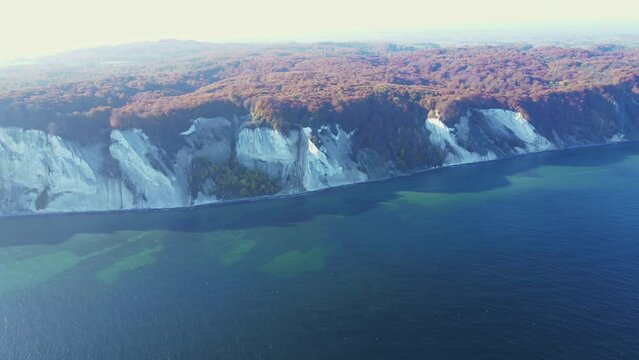 The White Cliffs of Denmark, also known as M&oslash;ns Klint. A Chalk stone cliff overlooking the Baltic sea. Aerial footage.