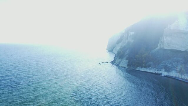 The White Cliffs of Denmark, also known as M&oslash;ns Klint. A Chalk stone cliff overlooking the Baltic sea. Aerial footage.