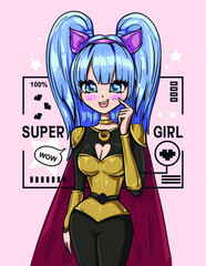 Super heroine illustration. Manga poster. Asian teenager.  Cartoon Anime girl poster.