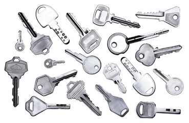 Collection of silver key isolated on white background
