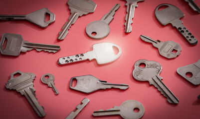 Collection of silver key on pink background