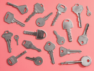Collection of silver key on pink background