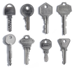 Collection of silver key isolated on white background