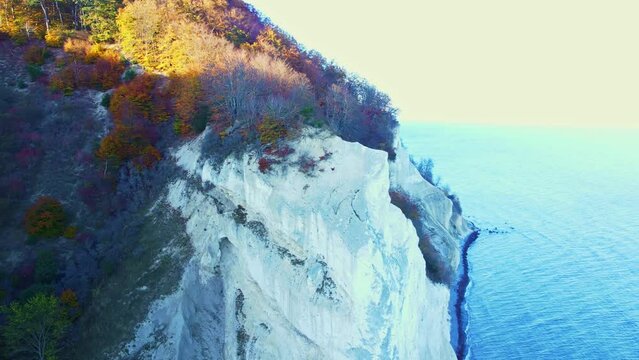 The White Cliffs of Denmark, also known as M&oslash;ns Klint. A Chalk stone cliff overlooking the Baltic sea. Aerial footage.