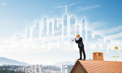 Engineer man standing on roof and looking in spyglass. Mixed media