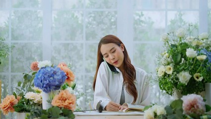 taking order florist working from home,young asian florist making list from client order to arrange flower bouqet vase delivery, Flower design store. happiness smiling young lady making flower vase 