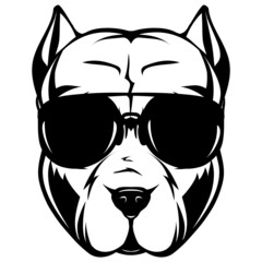 Abstract vector black and white illustration portrait of fighting dogs. Head of dog breed pit bull in sunglasses.