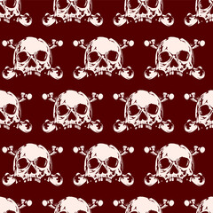 Abstract vector illustration pink skulls on maroon backdrop. Seamless background for print on fabric or t-shirt.