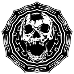 Abstract vector illustration black and white broken human skull with open jaw on round ornament. Design for tattoo or print t shirt.