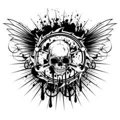 Vector illustration pirate skull with crossed bones and wings on grunge background