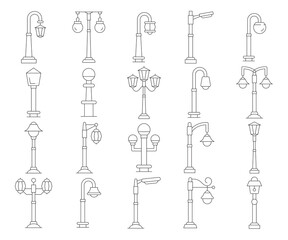 street light and lamp icons line illustration