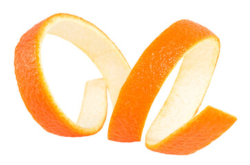 Orange zest against white background. Single orange peel. Beauty health skin concept.