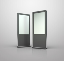 3D rendering mockup illustrations for kiosks, digital bunting and digital signage ads.