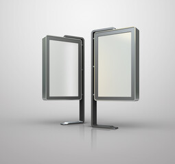 3D rendering mockup illustrations for kiosks, digital bunting and digital signage ads.