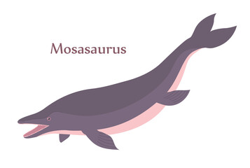 Prehistoric underwater dinosaur mosasaurus with fins. Predatory water lizard. Scary jaws with teeth. Sea wildlife of the Jurassic period. Vector illustration isolated on white background