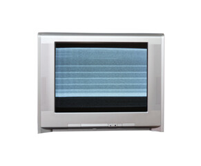 Old vintage silver TV set from 1980s, 1990s, 2000s with noise and interference on the screen isolated on white background.