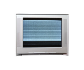 Old vintage silver TV set from 1980s, 1990s, 2000s with noise and interference on the screen...