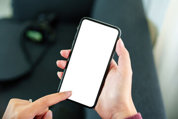 shopping, meeting, information searching, Asian woman using a white screen smartphone mobile can insert text, characters or images.