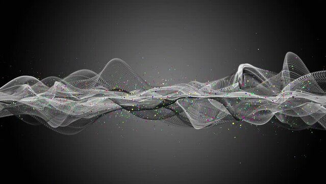 Futuristic video animation with gray wave object and colorful glitter particles in slow motion, 4096x2304 loop 4K