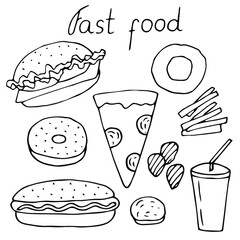 Fast food set vector illustration, hand drawing doodles