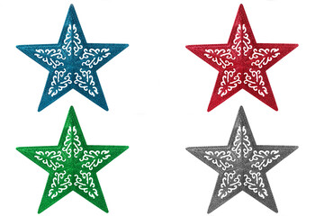 Group of shiny stars for Christmas decoration. Isolated on white background. Cut out and directly above.