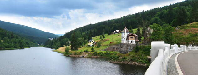 The dam Labska prehrada and hydropower station in Spindleruv Mlyn on the river Elbe (Labe) in Giant Mountains (Krkonose), Czech Republic, Bohemian Region
