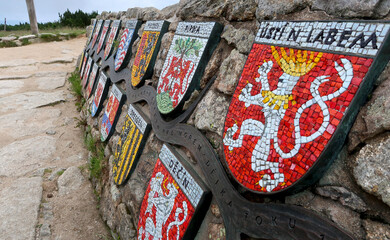 Emblems (coats of arms) of towns located along river Labe (Elbe) at the spring of river Labe, Krkonose - Giant Mountains, Czech Republic, Bohemian Region