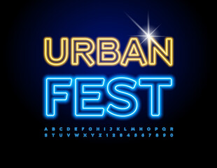 Vector neon banner Urban Fest. Bright Glowing Font,  Blue Alphabet Letters and Numbers