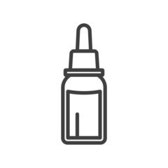 Icon of a bottle with a pipette. A simple line drawing of a glass bottle of medicine or essential oil. Isolated vector on white background.