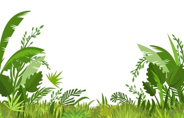 Tropical herbs and shrubs. Jungle meadow. Close up. Palm shoots trees and nice summer weather. Isolated on white background. Funny cartoon style. Green countryside landscape. Vector.