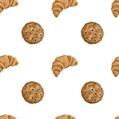 Seamless watercolor pattern with croissant and cookies