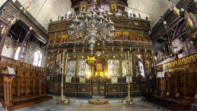 Church of the Nativity interior with hall colonnade in Bethlehem timelapse hyperlapse.