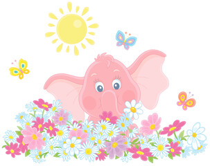 Little pink elephant playing with merry butterflies among colorful flowers on a sunny summer day, vector cartoon illustration isolated on a white background