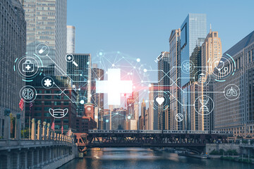 Panorama cityscape of Chicago downtown and Riverwalk, boardwalk with bridges at sunset, Illinois, USA. Health care digital medicine hologram. The concept of treatment and disease prevention