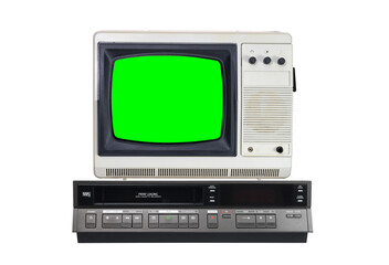 Old TV set with green screen for text and video and VCR isolated on white background. 