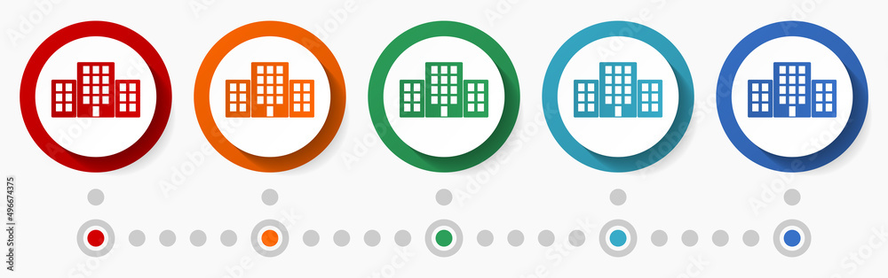 Leinwandbilder Office, house concept vector icon set, infographic template, flat design colorful web buttons in 5 color options