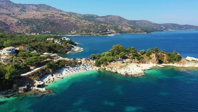Aerial drone view north east coast with Kanoni, Mpataria and Pipitos beach, Island of Corfu, Greece. Mpataria, Kanoni and Pipitos beach at Corfu Greece during the day.