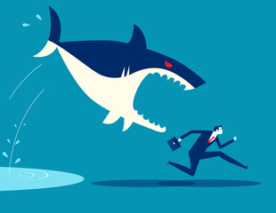 Businessman run away from shark. Business vector illustration concept
