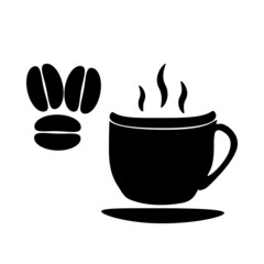 Coffee cup and coffee beans icon isolated on white background.Mug with coffee bean silhouette sign.Barista or cafeteria black symbol.Cup of coffee takeaway menu for restaurant, bar, coffeehouse.Vector